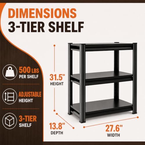 Metal Garage Shelving Unit, Heavy Duty Adjustable Storage Shelves, Steel Shelving, 1500 lbs Capacity Shelves for Heavy Tools and Equipment, 3 Tier, 27.6" W × 13.8" D × 31.5" H - Image 3