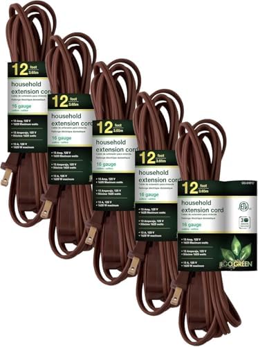 GoGreen Power Inc. (G-24812-5) 16/2 12' Household Extension Cord, 3 Outlets, Brown, 12ft, 5 Pack by PowerByGoGreen