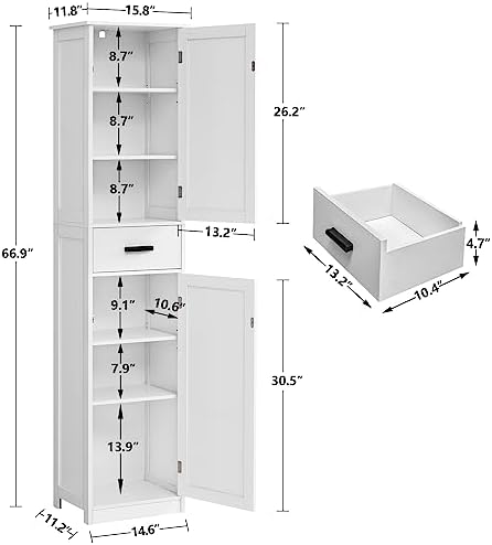 WEENFON Tall Bathroom Cabinet, Storage Cabinet with 6 Shelves & Drawer, Bathroom Storage Cabinet with Adjustable Shelves, Tall Cabinet for Living Room, Home Office, White - Image 3