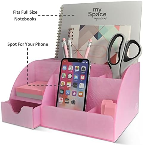 My Space Organizers Pink Desk Organizer Office, Acrylic, with Drawer, 9 Compartments, Supplies and Cool Desk Accessories Organizer, Desktop Pen Holder (Pink) - Image 3