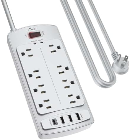 Surge Protector Power Strip - Nuetsa Flat Plug Extension Cord with 8 Outlets and 4 USB Ports, 10 Feet Power Cord, 2700 Joules, ETL Listed, Grey by Nuetsa