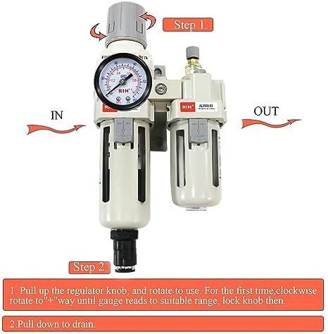 RIH Pneumatics Compressed Air Filter Regulator Lubricator Combo Water/Oil Trap Separator - Gauge(0-150 psi), Semi-Auto Drain, Poly Bowl,Bracket - 3 in 1 Two Unit (3/8“ NPT Auto Drain) - Image 5