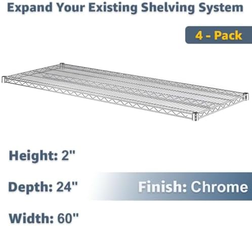 24" x 60" Wire Shelving Add-On Shelf 4 Pack, NSF Chrome Replacement for Metal Rack Systems - Image 2