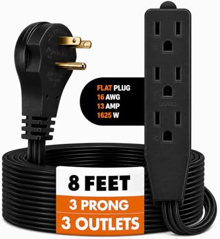 Flat Plug Extension Cord 8 FT Black 3 Outlet 3 Prong Grounded Indoor Extension Cord Low Profile Wall Hugger Angled Plug 16/3 Heavy Duty Power Cord 13A 125V for Home Office TV Desk Dorm by BindMaster