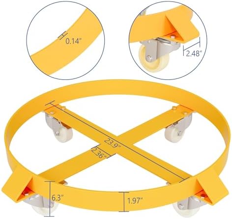 55 Gallon Drum Dolly, 1000 Lbs Heavy Duty Barrel Dolly Cart with Steel Frame, 4 Swivel Casters & 2 Locking Wheels, 2 Pack, Yellow - Image 7