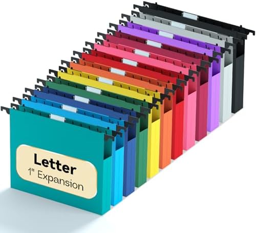 Plastic Hanging File Folders Letter Size,12 Pack Durable Filing Cabinet Folders with Tabs,1 inch Expanding Hang Folder for Home Office,Colored Heavy Duty File Folder Hangers for File Frame Box by NORDUN
