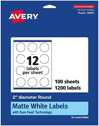 Avery® Matte White Round Labels, Sure Feed® Technology, 2" Diameter, 1,200 Matte White Printable Labels by Avery