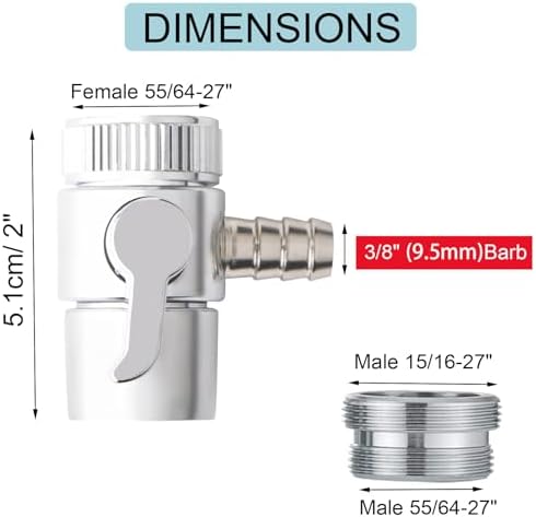 2 Pack Faucet Diverter Valve, 9.5mm Barb for 3/8" ID Flexible Hose, Countertop Water Filter Adapter with Solid Brass Handle, M22 Male to M24 Male Adapter Rings, Clamps & Extra Washers - Image 2
