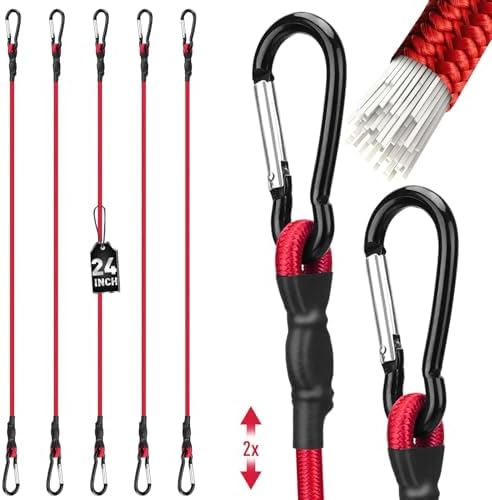 5-Piece 24 Inch Bungee Cords with Carabiner Hooks, Heavy Duty Rubber Elastic Tie Down Straps, Bungee Cord with Carabiner Clips for Cargo, Truck Bed, Camping, Motorcycle and Outdoor Use (Red) by SEDY