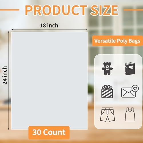 Plastic Flat Open Poly Bags, 30 Count 18 x 24 inch Clear Plastic Bags - Image 2