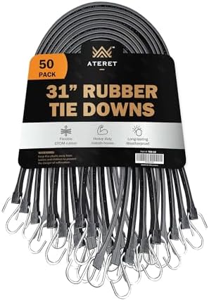 ATERET Rubber Bungee Cords with Hooks I 31 Inch, 47" Max Stretch I Heavy-Duty Black Tie Down Straps for Outdoor, Tarp Covers, Canvas Canopies, Motorcycle, and Cargo, Pack of 50 by ATERET