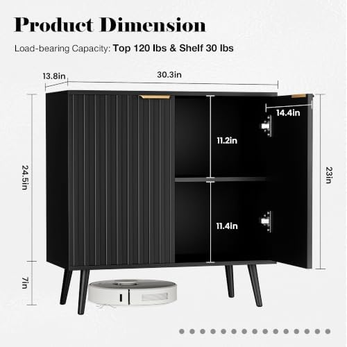 Set of 2 Fluted Storage Cabinet, Buffet Cabinet with Storage, Wood Sideboard with Adjustable Shelf, Modern Accent Cabinet & Console Table for Entryway, Living Room, Dining Room, Black - Image 2