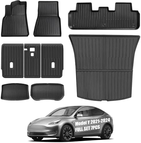 All Weather Floor Mats Custom Fit Tesla Model Y 2021-2024 5-Seater, TPE Waterproof Odorless Car Mats Set with Rear Seat Back Protector Interior Accessories (7PCS) by AbvesiAutomotiveParts