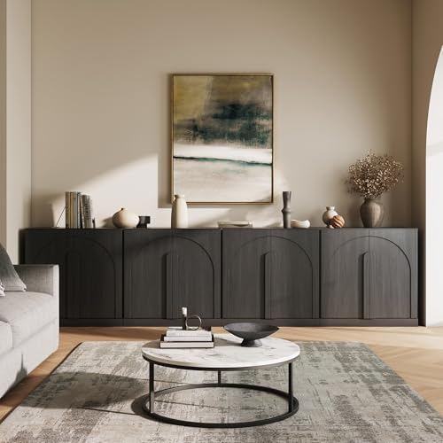 BELLEZE Bijou Set of 4 Wall-to-Wall Sideboard Buffet Cabinets (126" Wide) - Grand Sideboard System w/8 Arched Doors - Massive Entertainment Center & Display Console for Living Room, Ebony - Image 6