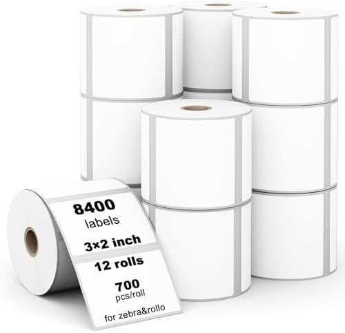 (8400 Pcs/3-Proof 1" Core) Labelebal 12 Rolls 3" x 2" Direct Thermal Label (76mm x 51mm) Multipurpose Shipping Address Mailing Barcodes Labels Compatible for Zebra 2844 & Rollo Desktop Label Printer by Labelebal