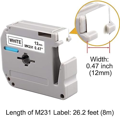 6-Pack M-K231 M Tape Compatible Label Tape Replacement for Brother P-Touch M231 MK231 M-231 M-K231S 12mm 0.47'' White Work with Brother Ptouch PT-65 PT-M95 PT-90 PT-70 PT-80 PT-70BM PT-45 Label Maker - Image 3