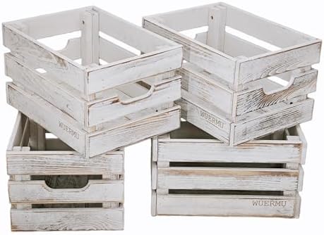 White Wooden Crates, Set of 4 for Storage, Milk Crate, Wine Box, Festival Decorations, and Camping, 12.2 Inch Multi-Purpose Sturdy Wood Boxes. by WUERMU