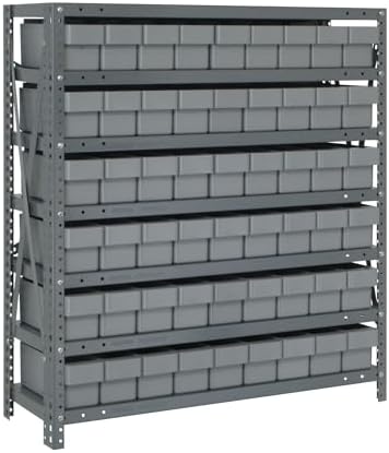 Quantum 1839-604GY Heavy Duty Shelving Unit with (7) Shelves and (54) Gray QED604 Bins for Garage Warehouse Storage Distribution | 400 lb Load Capacity | 18"D x 36"L x 39"H, Galvanized Carbon Steel by QuantumStorageSystems