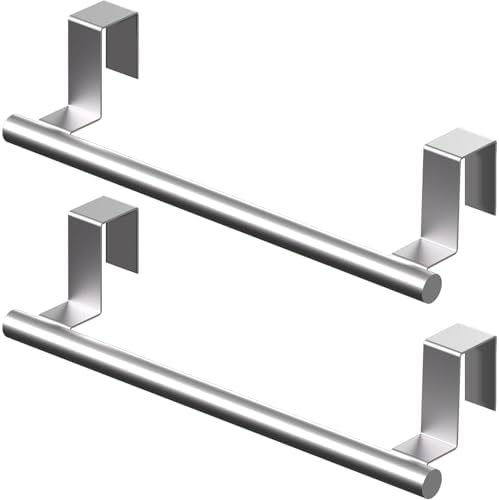 Over Cabinet Towel Bar, Cabinet Door Towel Holder, Over The Door Towel Rack, Kitchen Over Door Towel Holder, Stainless Steel Dish Towel Holder for Cabinet Door, Brushed, 2 Pack by Qflushor