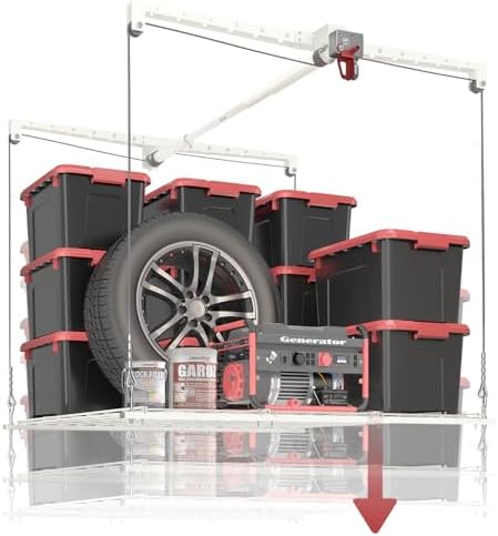 Overhead Garage Storage Rack, Adjustable Heavy-duty 4x4 Ft Ceiling Storage Racks with Safety Lock, Ideal for Garage Storage Lifting Organization System, 250lbs Capacity, White by KOKORACKER