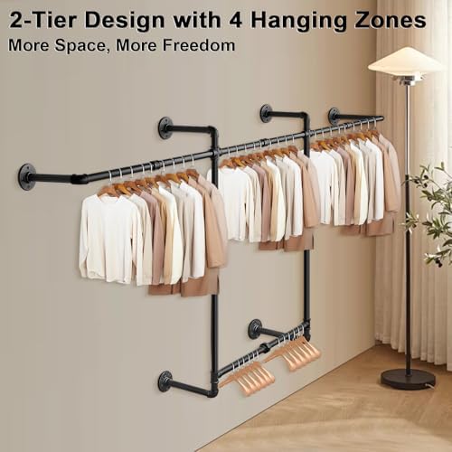 Livabber Industrial Pipe Clothes Rack, Heavy Duty Detachable Iron Garment Rack Wall Mounted, Rustic Saving Space Clothes Bar Multi-Purpose Hanging Rod for Bedroom, Closet, 2 Tier, Black (82 Inch) - Image 5
