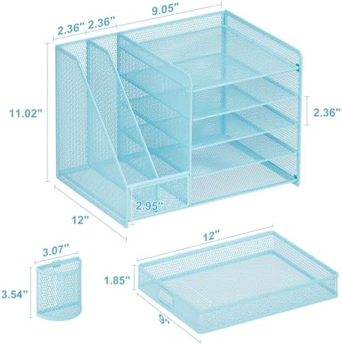 Marbrasse Desk Organizer with File Holder, 5-Tier Paper Letter Tray Organizer with Drawer and 2 Pen Holder, Mesh Desktop Organizer and Storage with Magazine Holder for Office Supplies(Blue) - Image 6