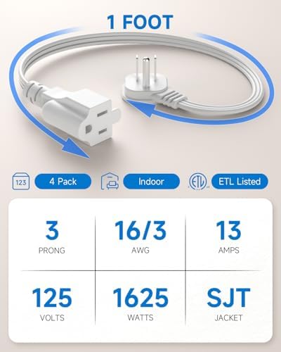 Flat Plug 1Ft Short Extension Cord, White 90-Degree Plug Low Profile Power Adapter, 3-Prong Indoor Grounded Small Extension Cord 16AWG 13A 1625W 4 Pack - Image 3