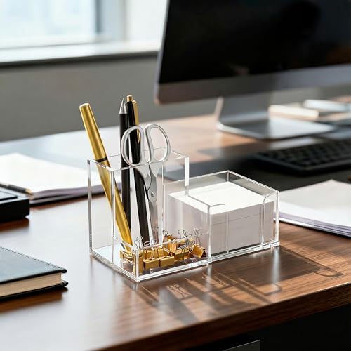 HBlife Acrylic Pen Holder for Desk, 3-Compartment Small Desk Organizer, Clear Office Supplies Desk Accessories with Sticky Notes Holder Stores Post It Notes 3X3 for Office, Home and School - Image 6