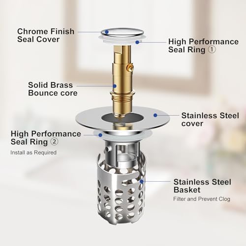 Bathroom Sink Drain Strainer, Universal Pop Up 3 in 1 Bathroom Sink Stopper with Removable Stainless Steel Filter Basket Drain Hair Catcher, Sink Plug for 1.1''~2.36'' Basin, Brass Bullet Core, Chrome - Image 6