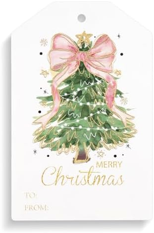 Teling 50 Pcs Christmas Gift Tags with String Pink Bow Merry Christmas Tags by Teling