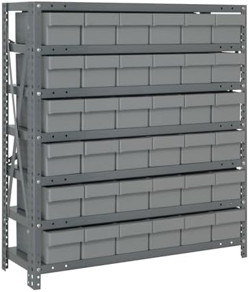 Quantum 1239-601GY Heavy Duty Shelving Unit with (7) Shelves and (36) Gray Bins (QED601) for Garage Warehouse Storage Distribution | 400 lbs Load Capacity | 12"D x 36"L x 39"H, Galvanized Carbon Steel by QuantumStorageSystems