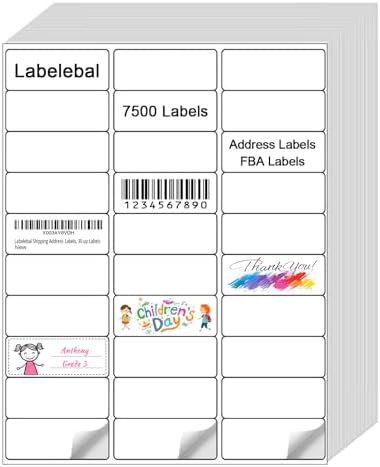 (7500 Pcs/250 Sheets) A4 30 Up Shipping Address Labels, 30 Per Page,1" x2-5/8 Mailing Label, 30-UP White Shipping Labels for Inkjet or Laser Printer, by Labelebal
