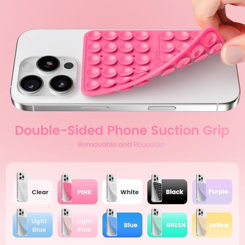 2PCS Silicone Suction Cup Phone Case Mount Double Sided, Hands-Free Phone Accessories Holder for Selfies and Videos, Silicon Sticky Phone Grip for iPhone and Android, Transparent&Hot Pink - Image 4