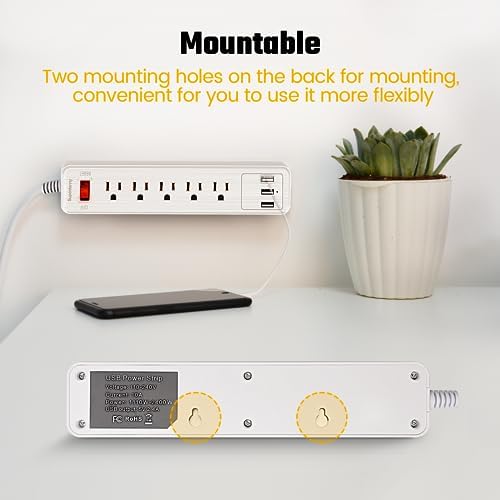 Power Strip, SUPERDANNY Surge Protector, 5 Outlets, 3 USB Ports, 4.5 Ft Extension Cord, 900 Joules, Mountable, Overload Switch, Protected Indicator Light, Multiple Protections for Home Office, White - Image 6