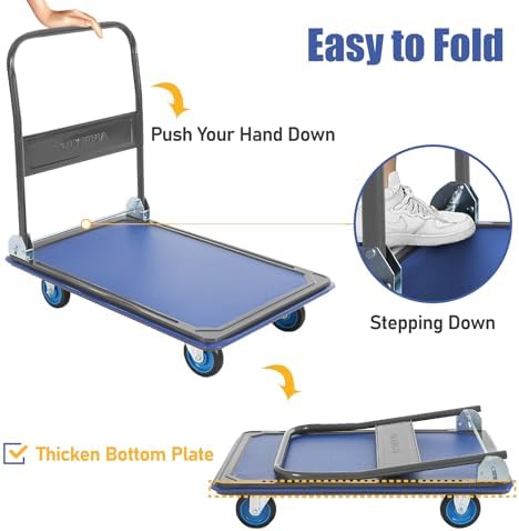 Olympia Tools Foldable Push Cart Dolly - 600 Lb. Capacity Heavy Duty Platform Truck with 360° Swivel Wheels - Blue - Image 5