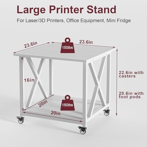 2 Tier White Printer Stand, 23.6 x 23.6 Inches Large Printer Table with Storage Shelf, Rolling Printer Cart with Wheels, Mobile Table for Home Office (White) - Image 2