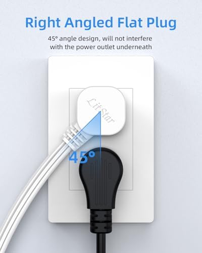 Flat Plug Extension Cord with 3 Outlets - 6 ft White Low Profile Indoor 3 Prong Grounded Power Strip for Home Office & Travel - 16/3 AWG, 13A/1625W - Image 4