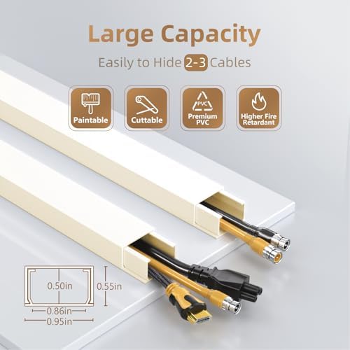 Delamu Beige Cord Hider, 85in Cord Covers for 2-3 Wires on Wall, Self-Adhesive Cable Hider, Wire Hiders Wire Covers for TV Cords on Wall, Easy Mount Cable Cover Raceway Kit, W0.95 H0.55in, Beige - Image 2
