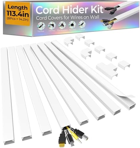 113.4in Cord Hider Kit, Cord Covers for 2-4 Wires on Wall, Self-Adhesive Cable Hider Wire Covers for Cords on Wall, Paintable Cord Hider for Walls Mount Tv, Cable Cover Raceway, W0.95 H0.55in, White by Wuitaouy