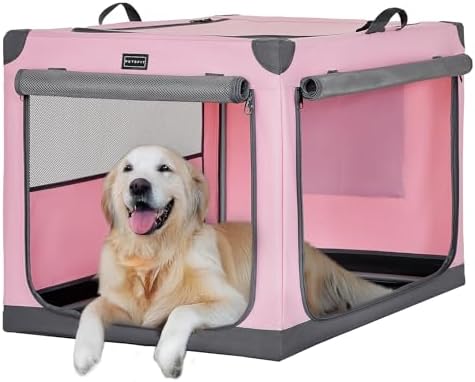 PETSFIT 40" Soft Portable Dog Crate – Patented Spiral Sturdy Frame, Collapsible Travel Kennel for Large Dogs, 3 Mesh Door, Lockable Zippers, Indoor & Car Use Pink by Petsfit