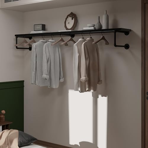 Clothes Rack 70in, Wall Mounted Garment Racks with Real Black Wood Shelf, Heavy Duty Hanging Clothes Rack, Multi-Purpose Hanging Rod, Space-Saving Closet Storage - Image 5