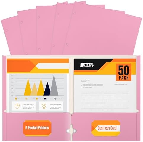 Better Office Products Two Pocket Portfolio Folders, 50-Pack, Pink, Letter Size Paper Folders, 50 Pieces, Pink by BetterOfficeProducts