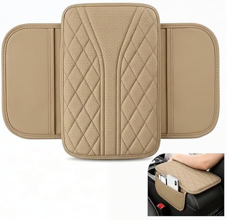 Car Center Console Cover, Leather Car Armrest Cover with 2 × Storage Bags, Waterproof Auto Arm Rest Covers Pad, Universal Console Covers for Storage Box Protector for Vehicle SUV Truck (Beige) by Unknown