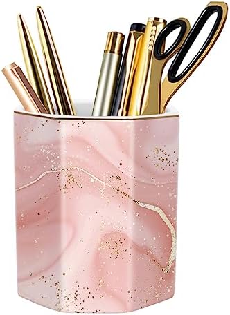 Cute Pen Holder for Desk, Ceramic Pencil Holder, Pen Cup Marker Holder Makeup Brush Holders, Desk Accessories & Workspace Organizers for Home, Office, Red Marble by WAVEYU