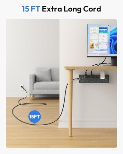 NTONPOWER 15 ft Extension Cord, Flat Plug Power Strip with USB, 12 Outlets Wall Mount, 2100 Joules, 1875W, 15A Circuit Breaker for Home Office Dorm Essentials, Black (Pack of 2) - Image 2