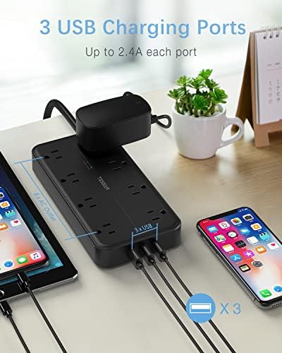 Power Strip Tower with 10 Feet Extension Cord, 1700 Joules Surge Protector Power Strip with 8 Outlets 3 USB Chargers, 1875W/15A, Flat Plug, Charging Station, Office Supplies, Dorm Essentials - Image 4