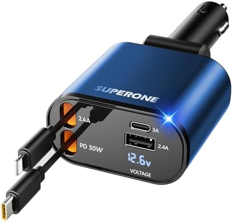[Upgraded] SUPERONE Retractable Car Charger 4 in 1 Fast Phone Charger by SUPERONE