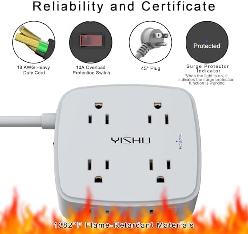 6 Ft Surge Protector Power Strip - 8 Widely Outlets with 4 USB Ports, 3 Side Outlet Extender with 6 Feet Extension Cord, Flat Plug, Wall Mount, Desk USB Charging Station, ETL, Grey - Image 6
