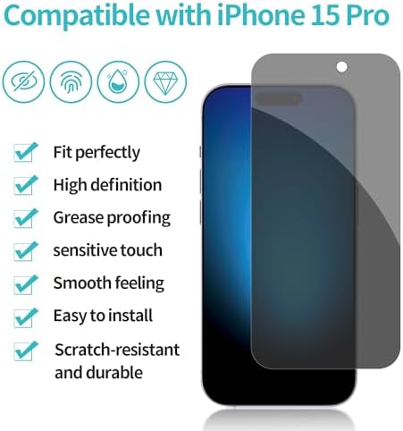PEHAEL for iPhone 15 Pro Privacy Screen Protector+Camera Lens Protector - Image 2