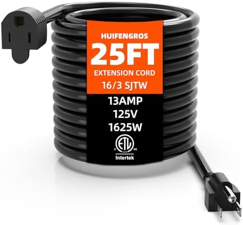 Extension Cord 25 FT | Black Extension Cord Waterproof, 16 Gauge 13Amps 125V, SJTW, ETL Listed, Indoor/Outdoor Use by Unknown